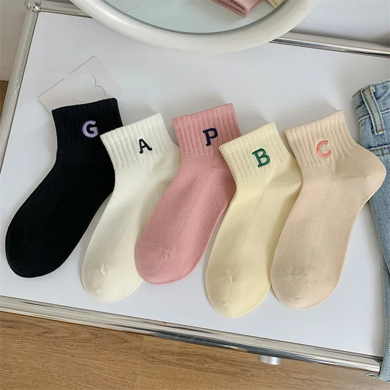Fashion Women's Ankle Socks Spring Summer New Breathable Cotton Mesh Socks For Woman Sports Letter Embroidery Short Socks Girls