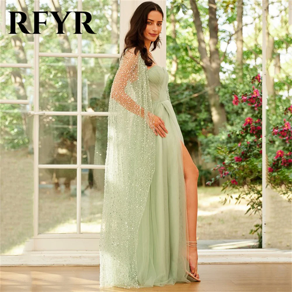 Rfyr Groene Avondjurken Glinsterende Glitter Jas Prom Dress Sweetheart Tulle فساتين مناسبة رسمية Side High Split Party Jurk