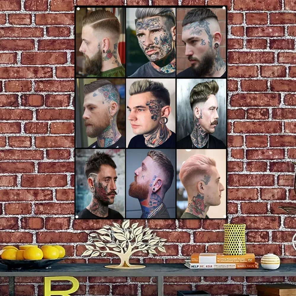 Men's Tattoo Hairstyles Poster Vintage Barber Shop Man Cave Wall Decor Banner Flag with 4 Grommets Hairstyling Poster Wall Chart