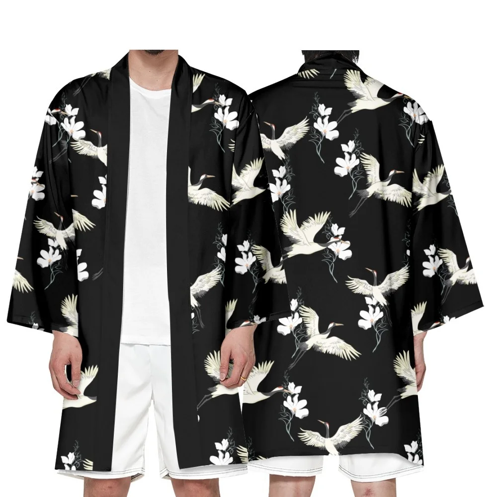 Men's Japanese Long Kimono Cardigan Men's Samurai Costume Kimono Flower Crane Kimono Shirt Yukata Outer Cover Cosplay Costume