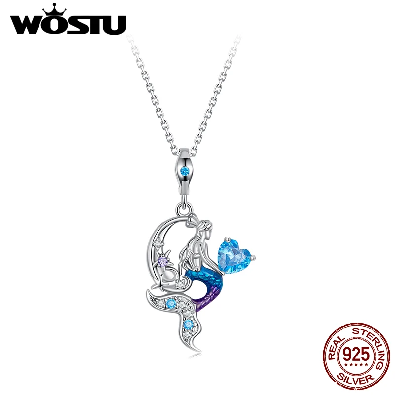 WOSTU 925 Sterling Silver Mermaid Princess Pendant Necklace Holding Blue Ocean Zircon Neck Chains for Women Holiday Jewelry Gift