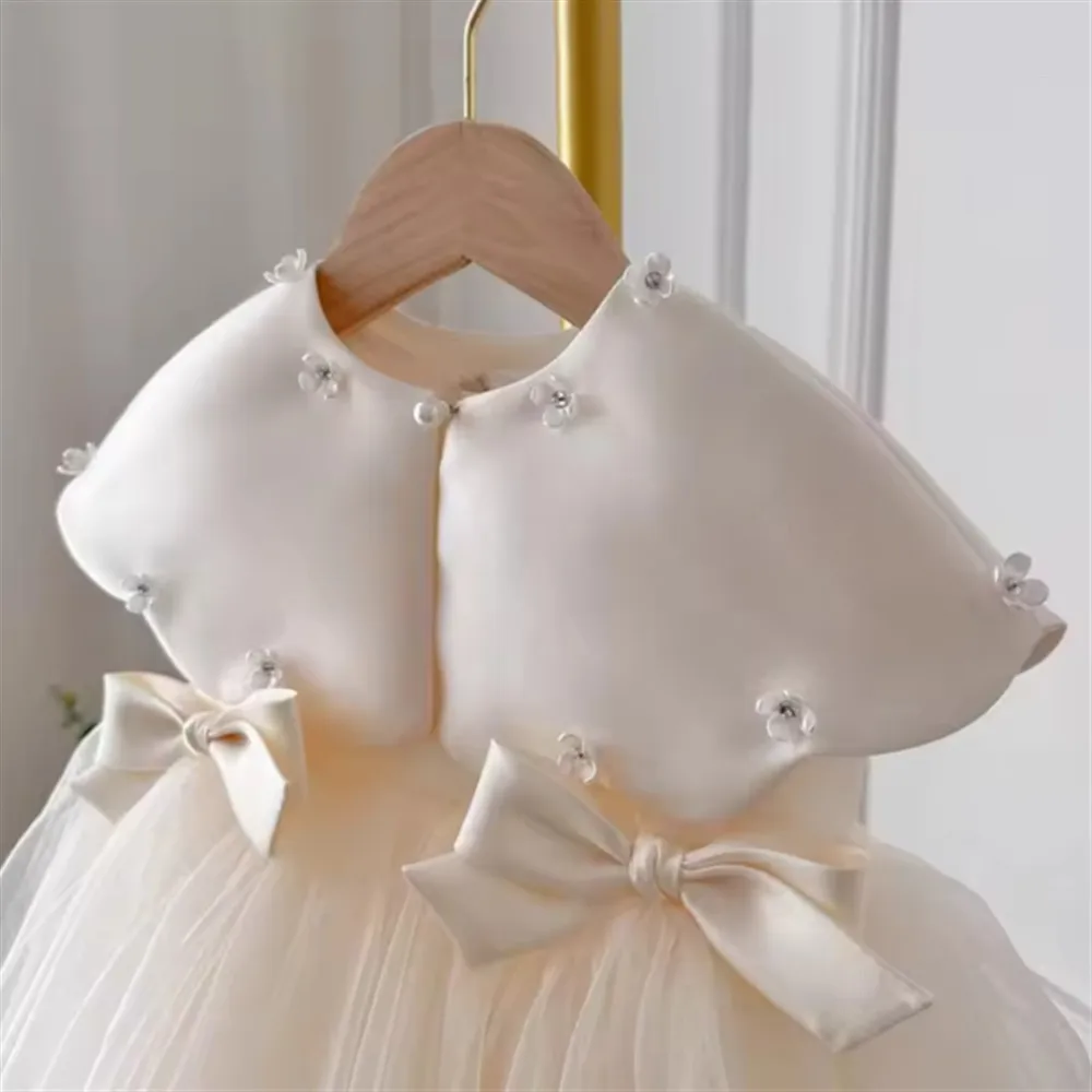 

Cute Flower Girl Wedding Dress Princess Bow Satin Tutu Dress Sleeveless Infant Toddler Child Elegant Birthday Party Baby Cloth