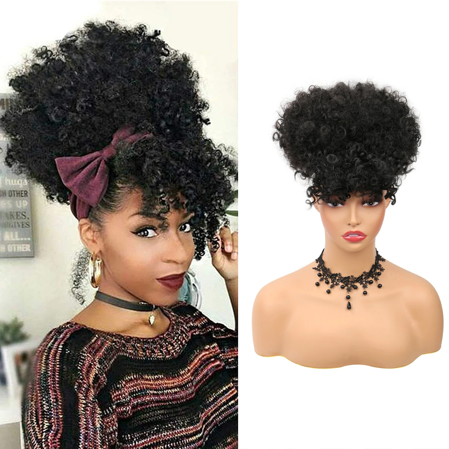 

Short Kinky Curly Chignon With Bangs Synthetic Hair Bun Drawstring Ponytail Afro Puff Hair pieces For Women Clip Hair Extension