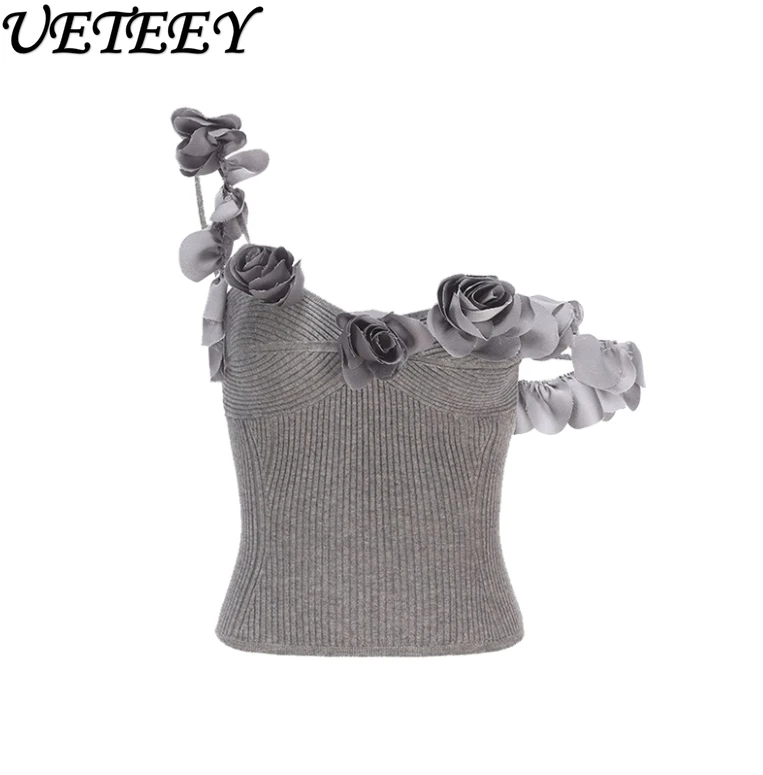 Canotta estiva con base a tracolla lavorata a maglia con fiori grigi Design Sense Temperamento Stile elegante Capispalla per celebrità Canotta corta per donna