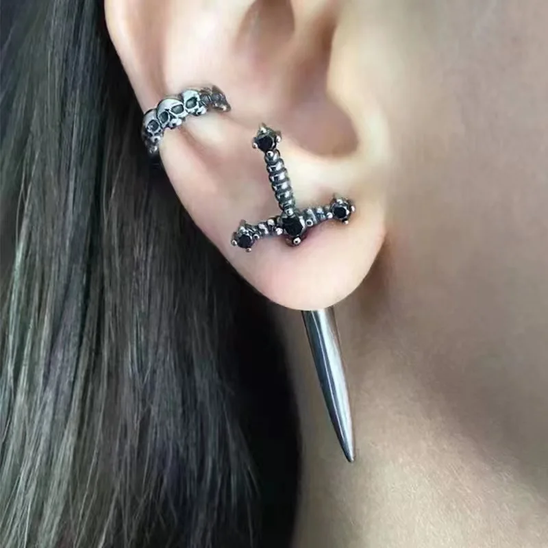 Kiss Jewelry Punk Sword Gothic Kinitial Piercing Earrings for Women Men Goth Crystal Ear Jacket Dagger Stud Earrings Jewelry