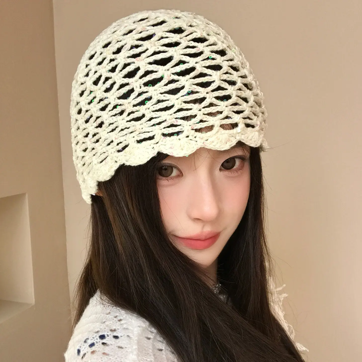 2026 New Crochet Sequin Hat Women's Summer Handmade Hollow Knitted Hat Fashion Beanie Summer Hat Y2K Fishnet Skull Hat