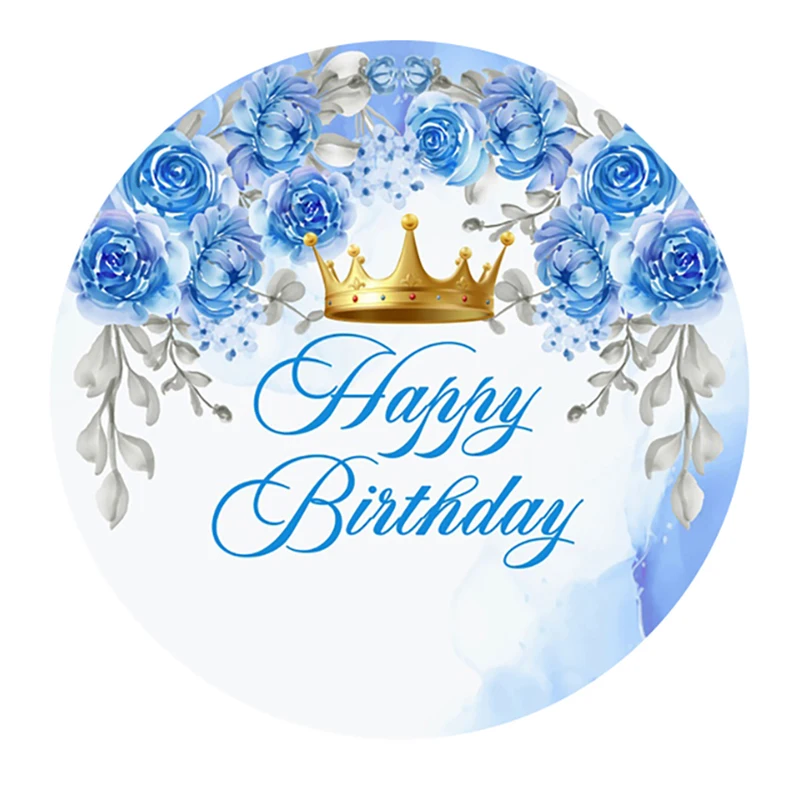 Royal Blue and Crown Happy Birthday Party Round Circle Background for Photo Studio Custom Name Age Birthday Decoration Backdrops