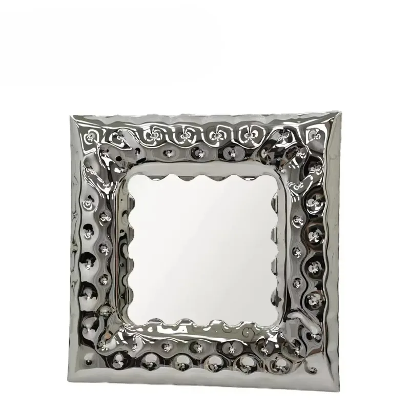 Rectangle Art Deco stainless steel frame wall mirror hollow flower relief