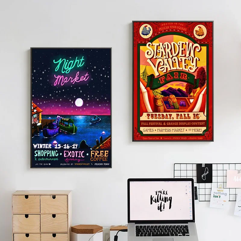1PCS frameless Game Stardew Valley Event Poster Canvas Painting Adventurers Guild Night Market Promotional Wall Art For Room Hom