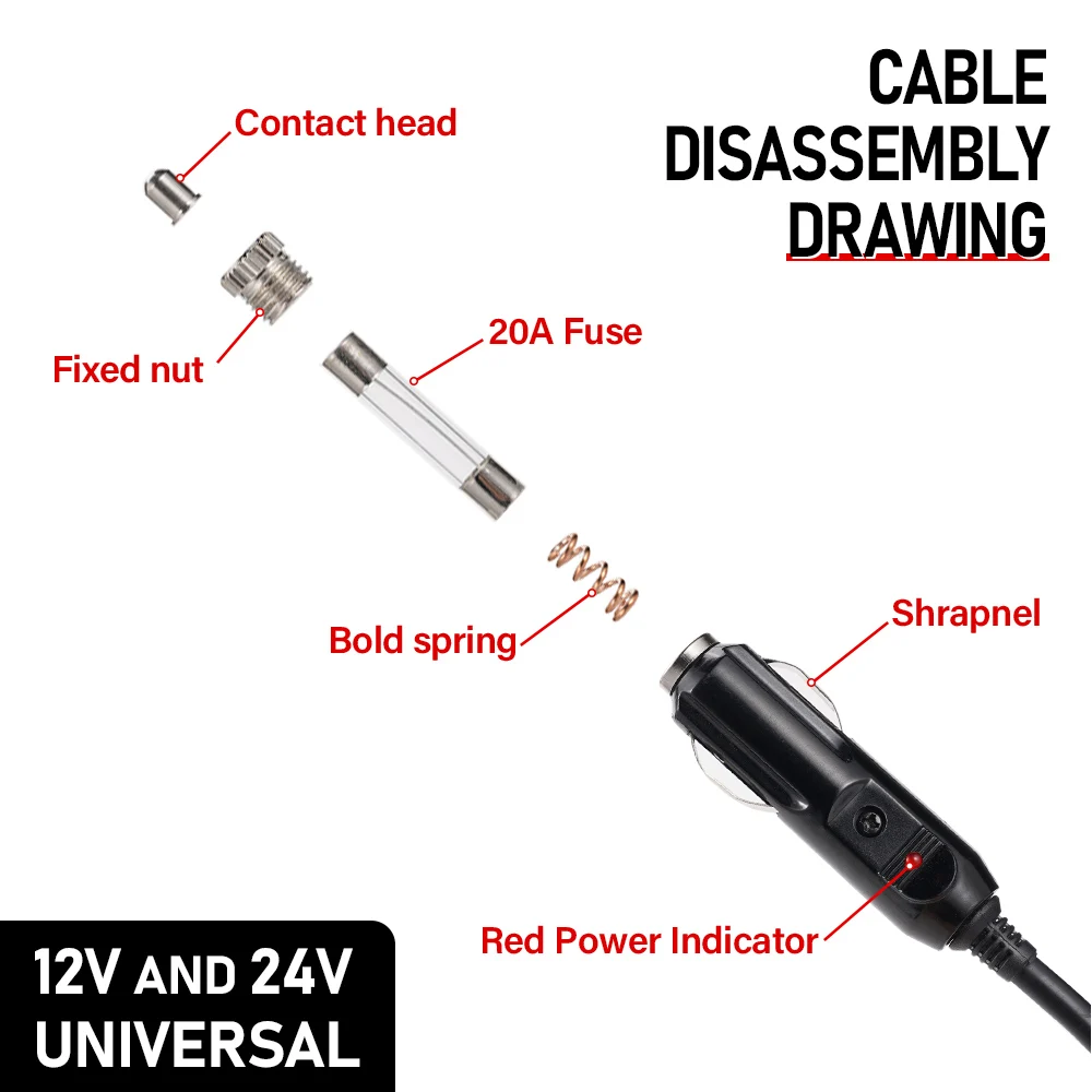 150cm 12/24V 20A Car Cigar Lighter Socket Splitter Plug Connector Fast Charge Power Adapter On Off Switch Universal Charger