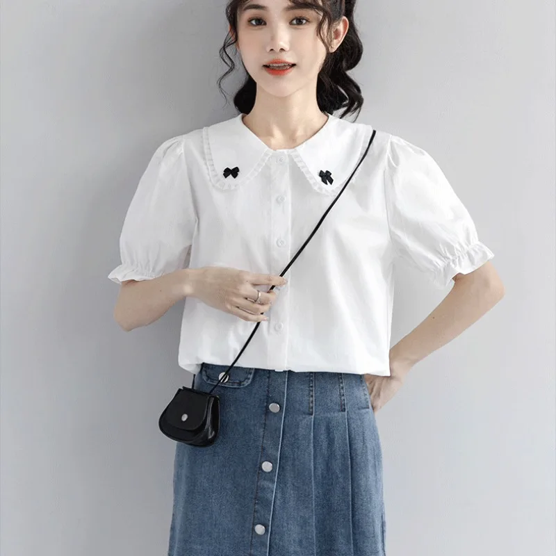 Doll Collar Jk Shirts Women Design Niche Summer New Short Sleeve Sweet College Tops Korean Trendy Single Breasted Hipster Street