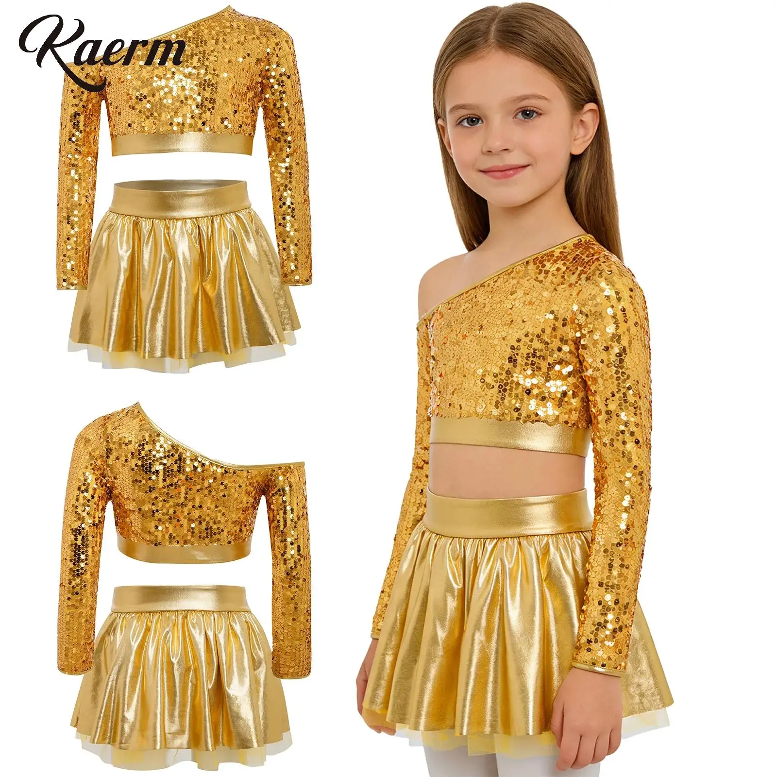

Kids Girls Sequins Latin Ballet Jazz Dance Costume Outfit One Shoulder Long Sleeve Shiny Crop Top +Metallic Tutu Skirt Dancewear