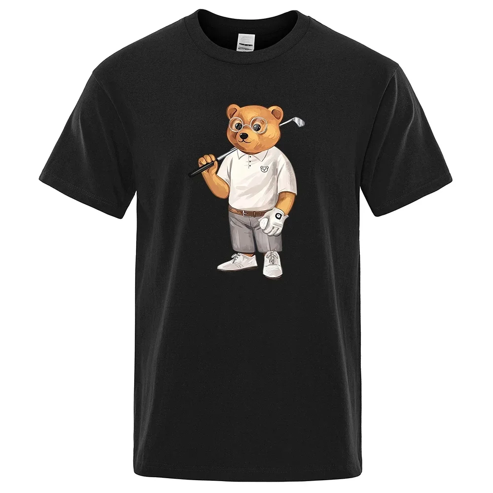 

Cotton Sweat T-Shirts Breathable Loose Hip Hop Street Short Sleeve Gentleman Teddy Bear Playing Golf Men T Shirts Summer