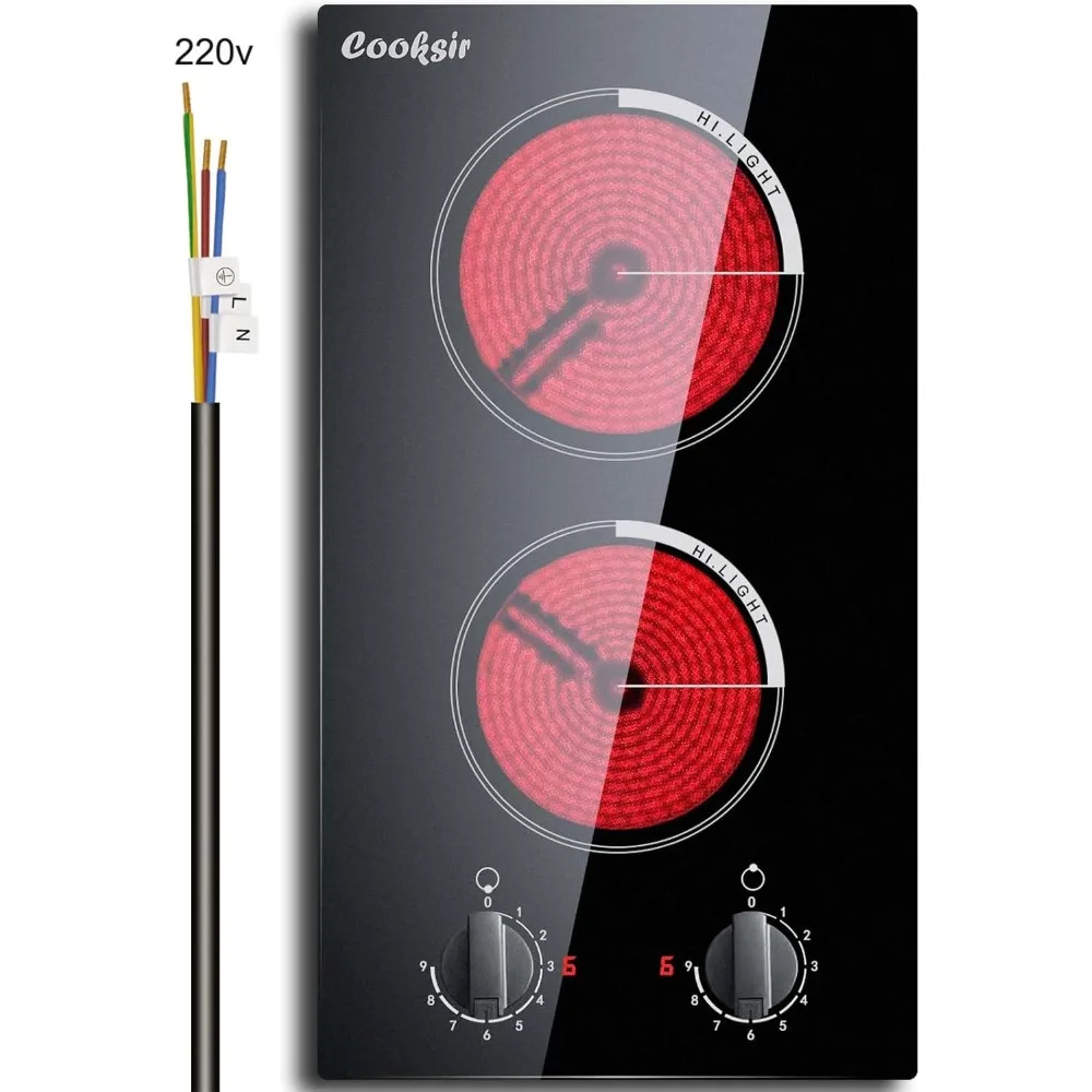

Электрическая варочная панель с 2 конфорками — 12-дюймовая встроенная электрическая плита мощностью 3000 Вт, сияющая электрическая плита с 9 уровнями мощности, ручка управления