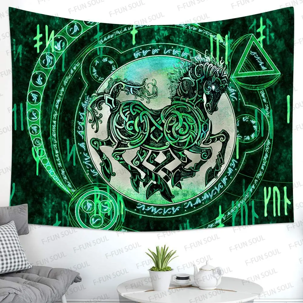 Indian Odin Horse Tapestry Mysterious Viking Meditation Psychedelic Green Runes Art For Home Decor Banner