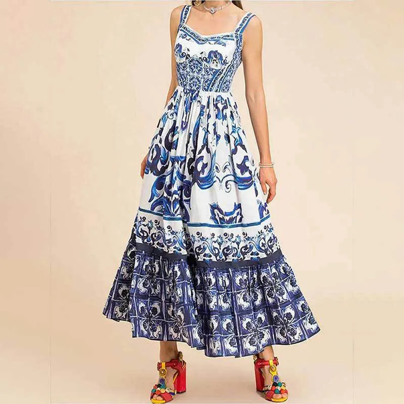 Retro Pattern Print Hem A-Line Long Dress Women Spring Elegant V Neck Backless Evening Dress Summer Sleeveless Sling Maxi Dress