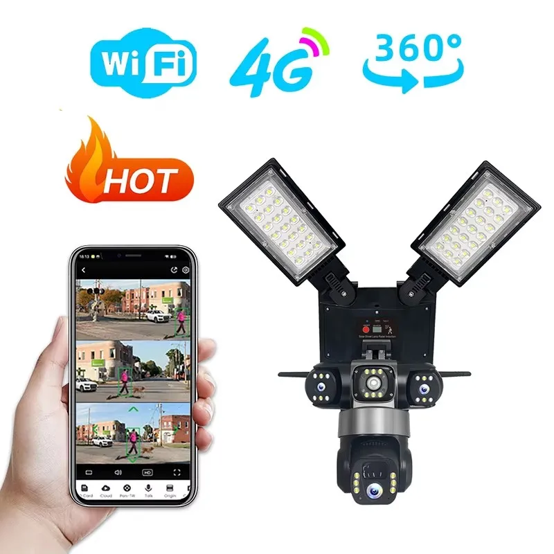 4G WiFi Solar PTZ Security Camera 6MP HD 3‑Lens 3‑View Outdoor Surveillance Camera, Two‑Way Audio, IP66 Waterproof Night Vision