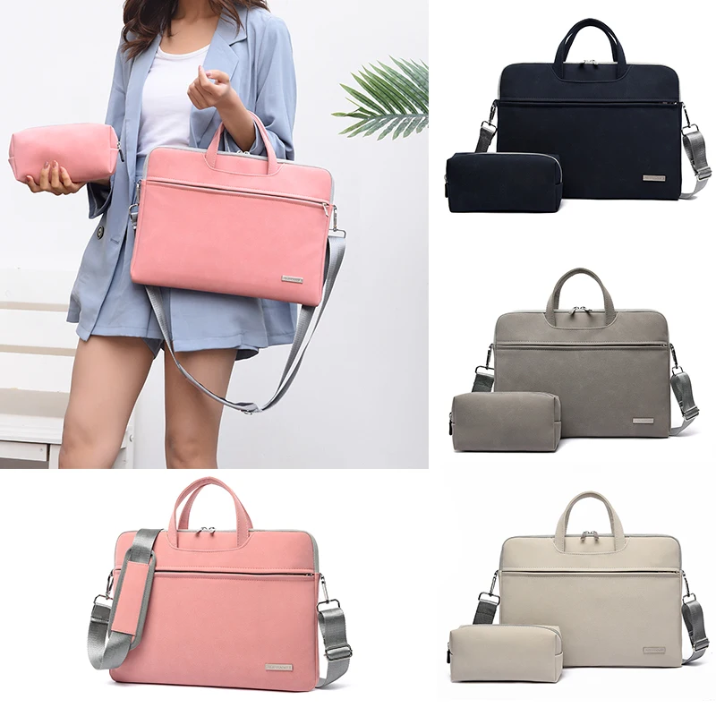 Estojo de couro PU para homens e mulheres, bolsa para laptop, pasta para notebook, bolsas de ombro, bolsa para mouse, MacBook Air, 13,3 pol, 14 pol, 15,6 pol