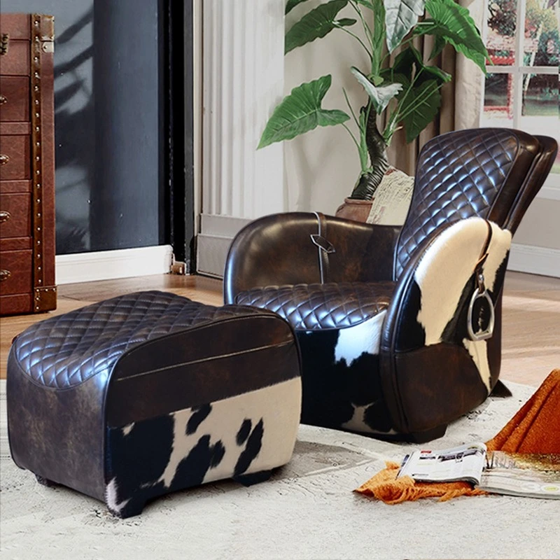 Cowhide living room recliner leather whiskey cigar bar tiger chair creative saddle chair retro