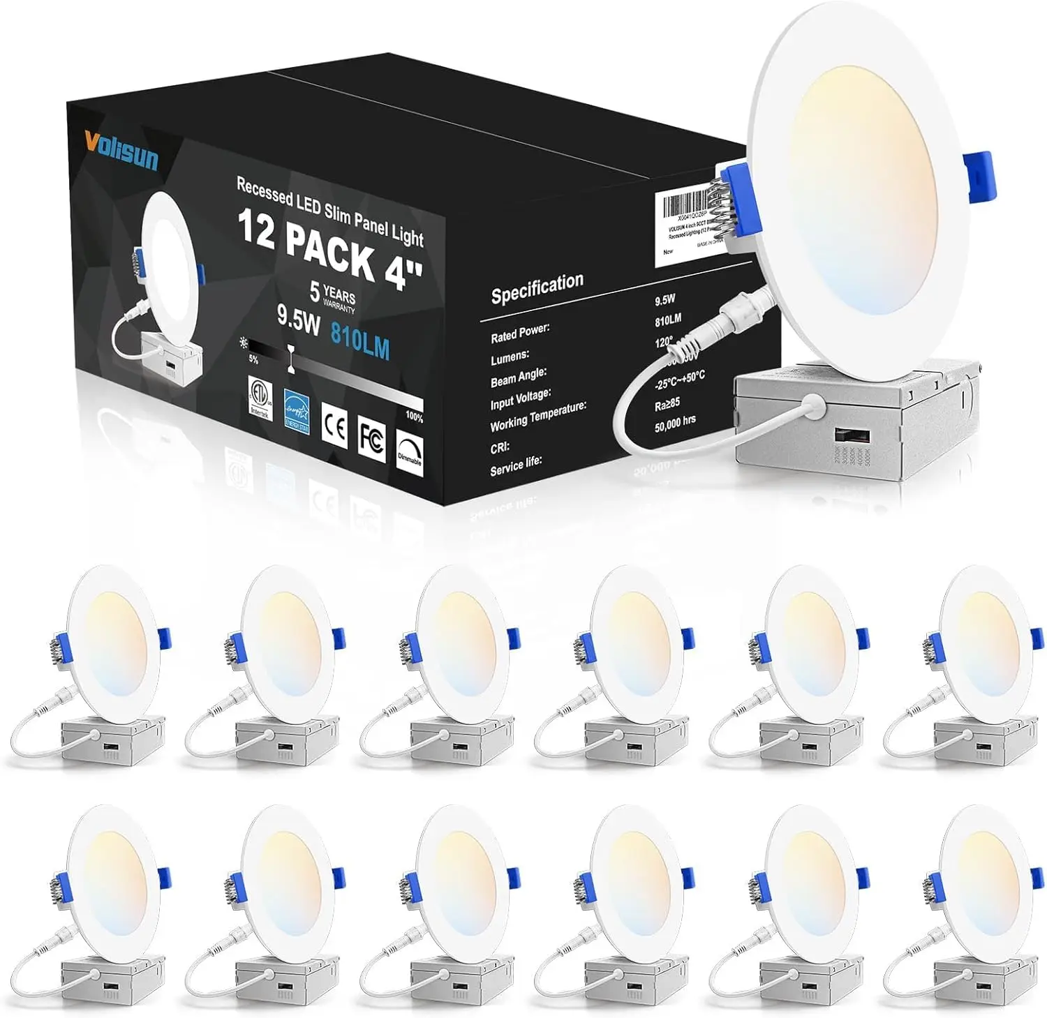 Volisun-Iluminação LED embutida, luz embutida com caixa de junção, 5Cct, 2700K-5000K selecionável, 9.5W, Eqv 80W, 12 Pack, 4 Polegada