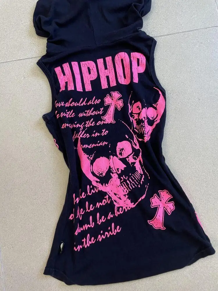 قميص قصير ياباني هاراجوكو ريتور مع قبعة بدون أكمام Y2k 2000s طباعة جمجمة فرعية ملابس عالية الشارع ملابس صيفية فاسق