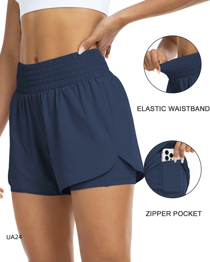 2026 Summer New Women's Yoga Shorts Fake Two Piece Sports Women's Breathable Anti Hiking Pocket Running Fitness Yoga Shorts