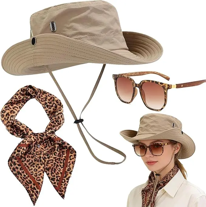 Women 3 PCS Zoo Keeper Costume Accessories Outdoor Explorer Hat Outfit Leopard Scarf Glasses Rave Party Cowboy Riding Hiking