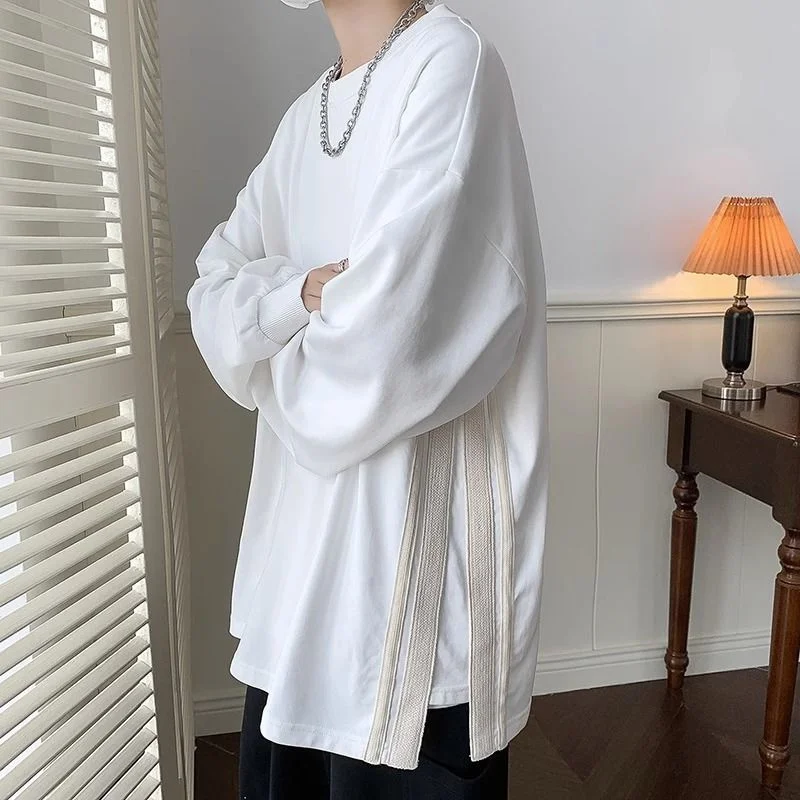 

plus Size 300 Pou Men's Loose Long Sve round Ne Base irt American Sle Side Split Weaving Belt Fat MM Trendy Top