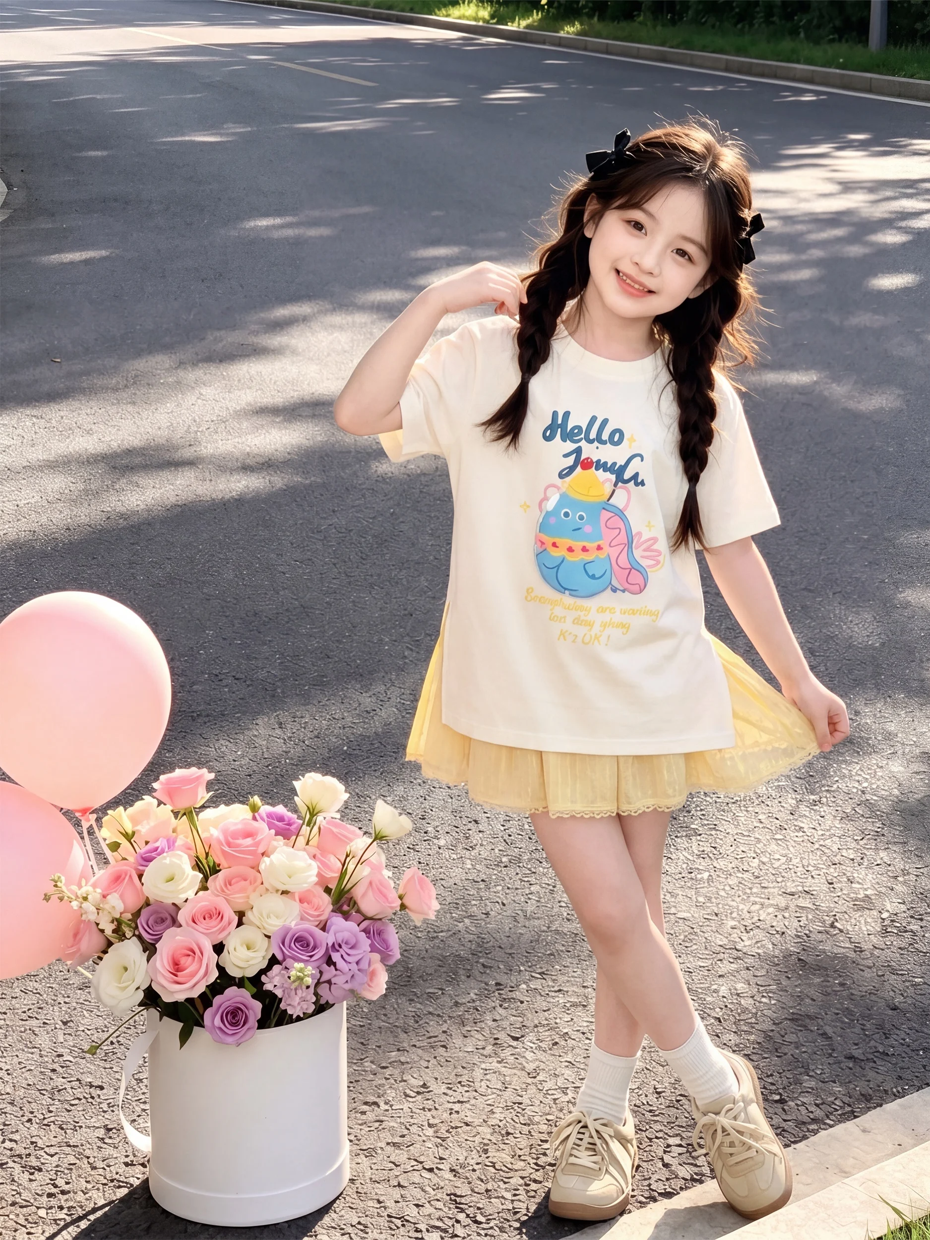

Girls' Casual Fashion T-shirt Skirt Set Loose Fit Slimming Summer Outfit Short Sleeve Open Split Design Spring Autumn Wear