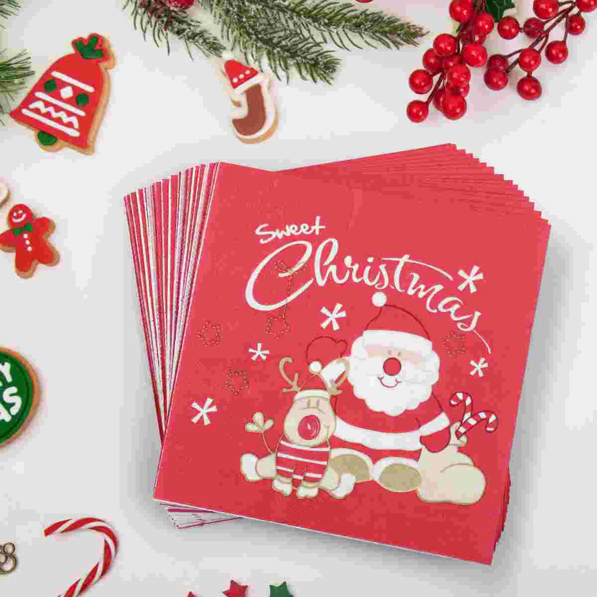 BESTONZON 20PCS Printed Christmas Napkins Santa Claus Pattern Wood Pulp Tissue Dinner Napkins Xmas Party Favors Supplies