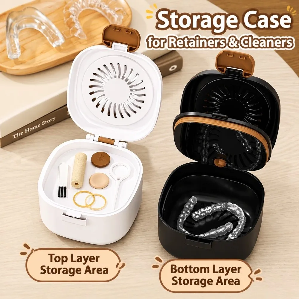 Leak Proof Denture Case with Strainer Basket Two Layer Retainer Cleaning Box Breathable Magnetic Mirror Retainer Case