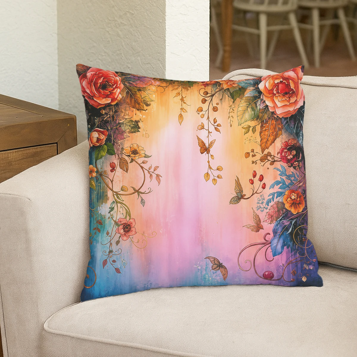 Dreamcatcher & Floral Scene Polyester Pillow Cover - Boho Style Decorative Pillowcase for Sofa, Bedroom, Living Room Decor