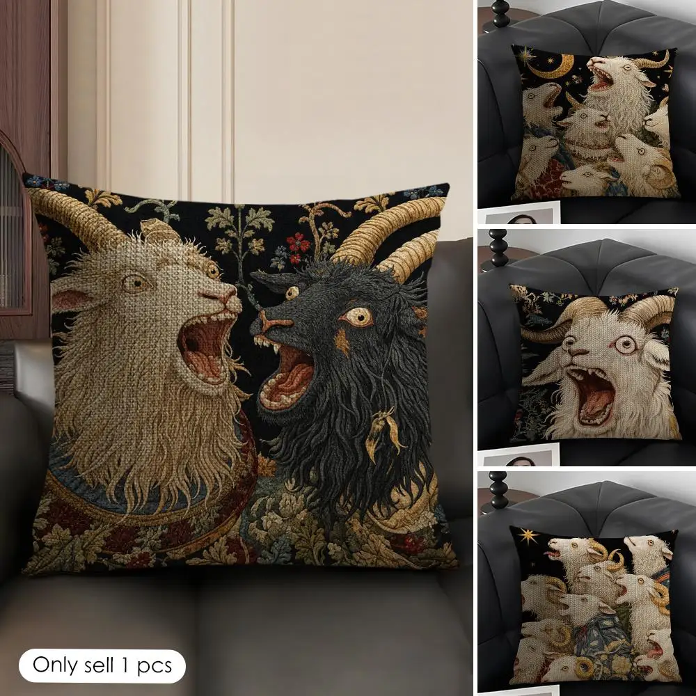 Medieval Goat Tapestry Cushion Cover Natural Linen Organic Fabric Double-Sided Printing Breathable Perfect Gift For Decor