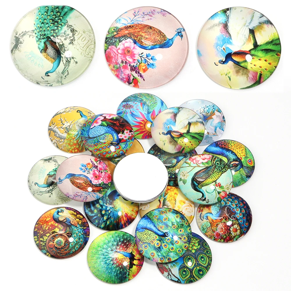 10pcs/lot 10/12/14/18/20/25mm Round Flat Back peacock Pattern Glass Cabochon Cameo Cover for Jewelry Making DIY Accessories