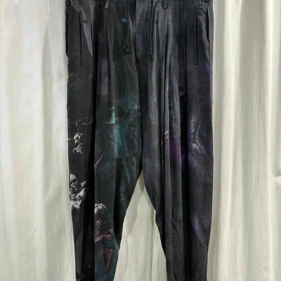 TOP-YAMAMOTO ® High Street Style Printed Casual Pants for Men - Loose Fit with Buckle Bottom - Black Heavyweight