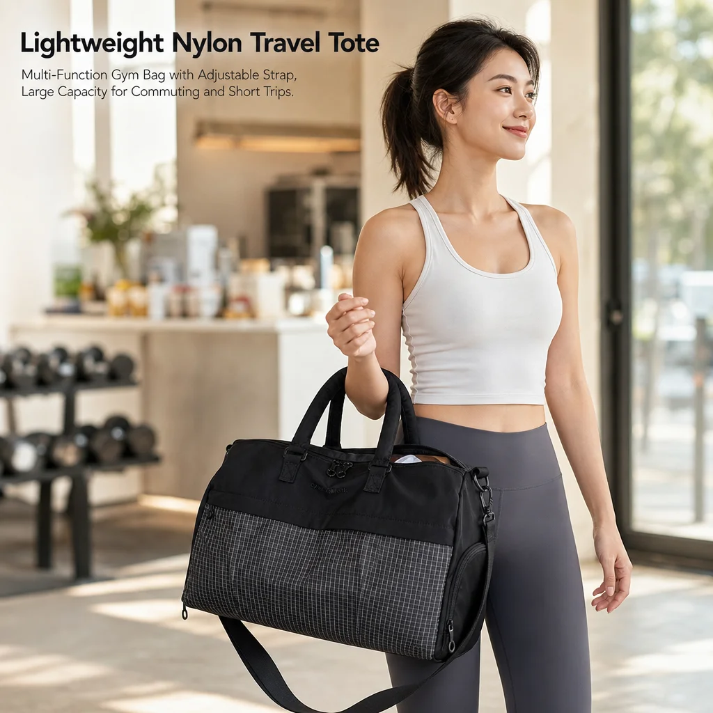 Women's Travel Gym Tote Bag Large Capacity Waterproof Nylon Multi Compartments Adjustable Shoulder Strap for Weekend Trips