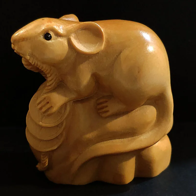 

Z1089 - 2 " Hand Carved Japanese Boxwood Netsuke Carving Figurine - Wealthy Mouse Rat