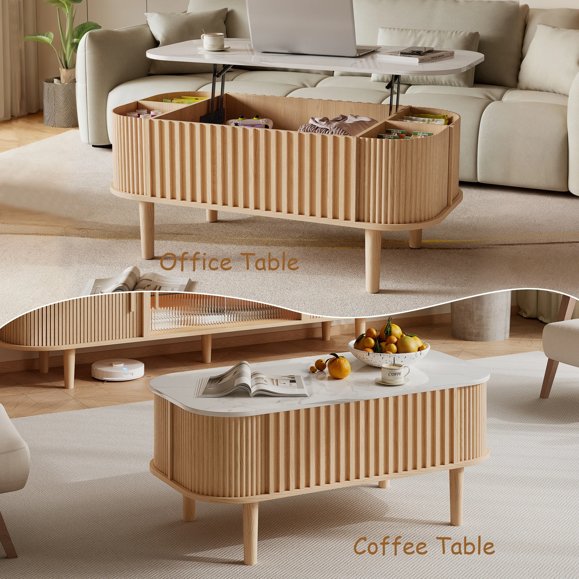 40" Lift Top Coffee Table with Storage, Faux Marble Tabletop & Solid Rubber Wood Legs, Mid-Century Modern Lift-Up Coffee Table f