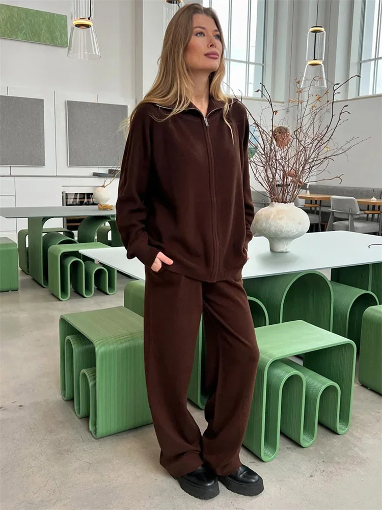 

New Winter Knit 2 Piece-Set Women Pants Lapel Patchwork Zipper Jacket Outwear And Straight Trousers Sets Female Casual Outfits