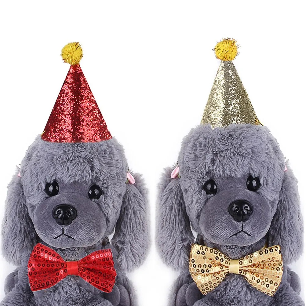 

Small Medium Pet Birthday Hat Bow Tie Set Bright Color Shiny Sequins Comfortable Party Supplies Dog Cat Decorations