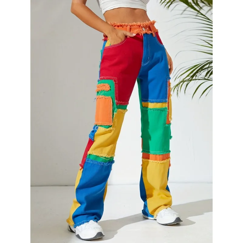 Imagem -02 - Calça Jeans de Retalhos Coloridos Franja Cintura Alta Jeans com Zíper Streetwear Y2k Roupa Sexy do Clube Outono Inverno 2023