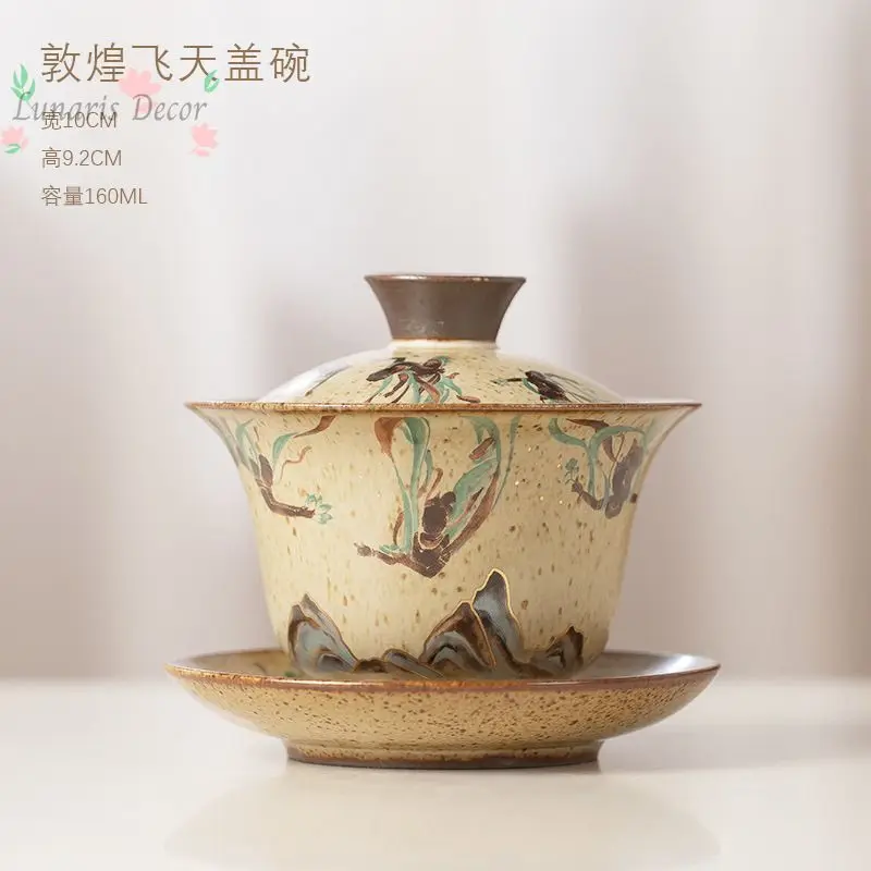 Dunhuang coarse pottery retro Feitian Sancai cover bowl high-end tea bowl single ceramic tea set