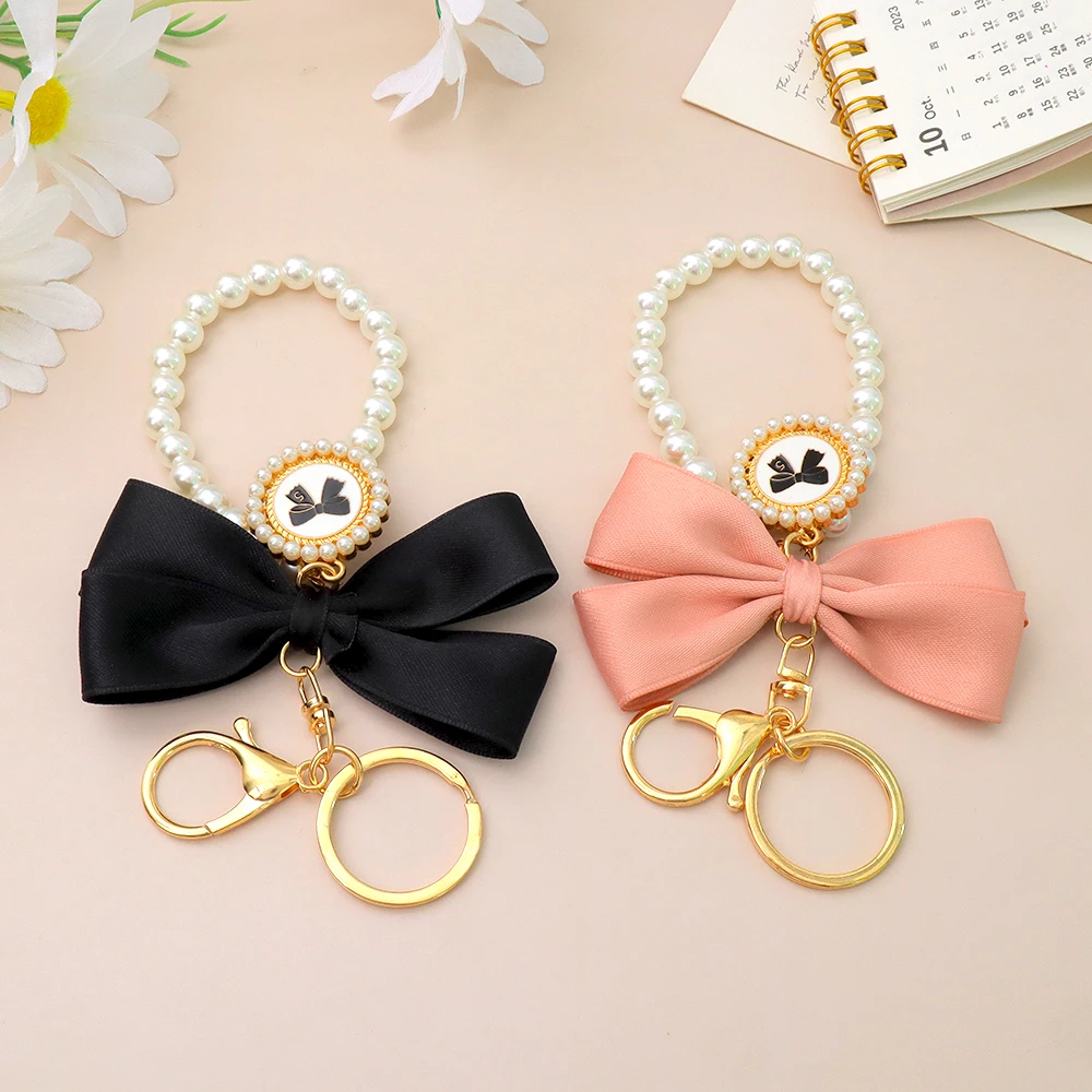 Fashion Imitation Pearls Bowknot Charm Keychains For Handbags Butterfly Knots Bag Pendant Keyring Elegant Purse Ornament Gift