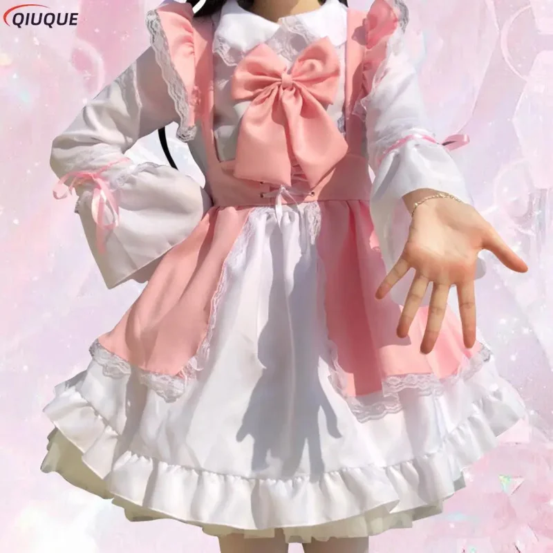 Traje de sirvienta unisex, Vestido largo de lolita rosa, vestido de princesa de anime, delantal, disfraz de cosplay