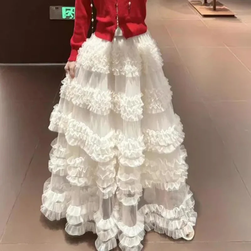 Sweet High Waisted Tulle Skirt Women Mesh Ruffles Pleated Elegant Skirt Layered Preppy Style Beach Vacation Party Vestidos