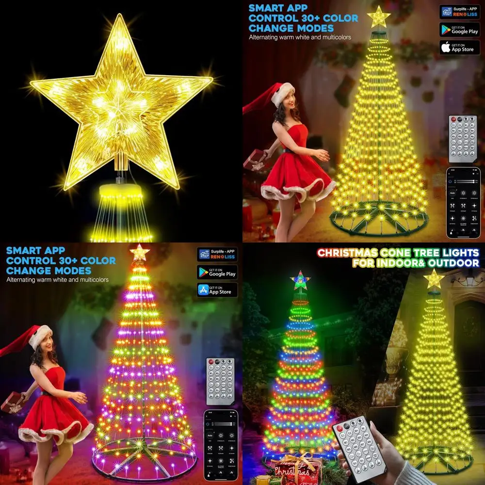 

Рождественская конусная елка со светодиодной подсветкой, 7,5 футов, 411, меняющая цвет, с управлением через приложение, пультом дистанционного управления, таймером и синхронизацией музыки для внутреннего и наружного использования