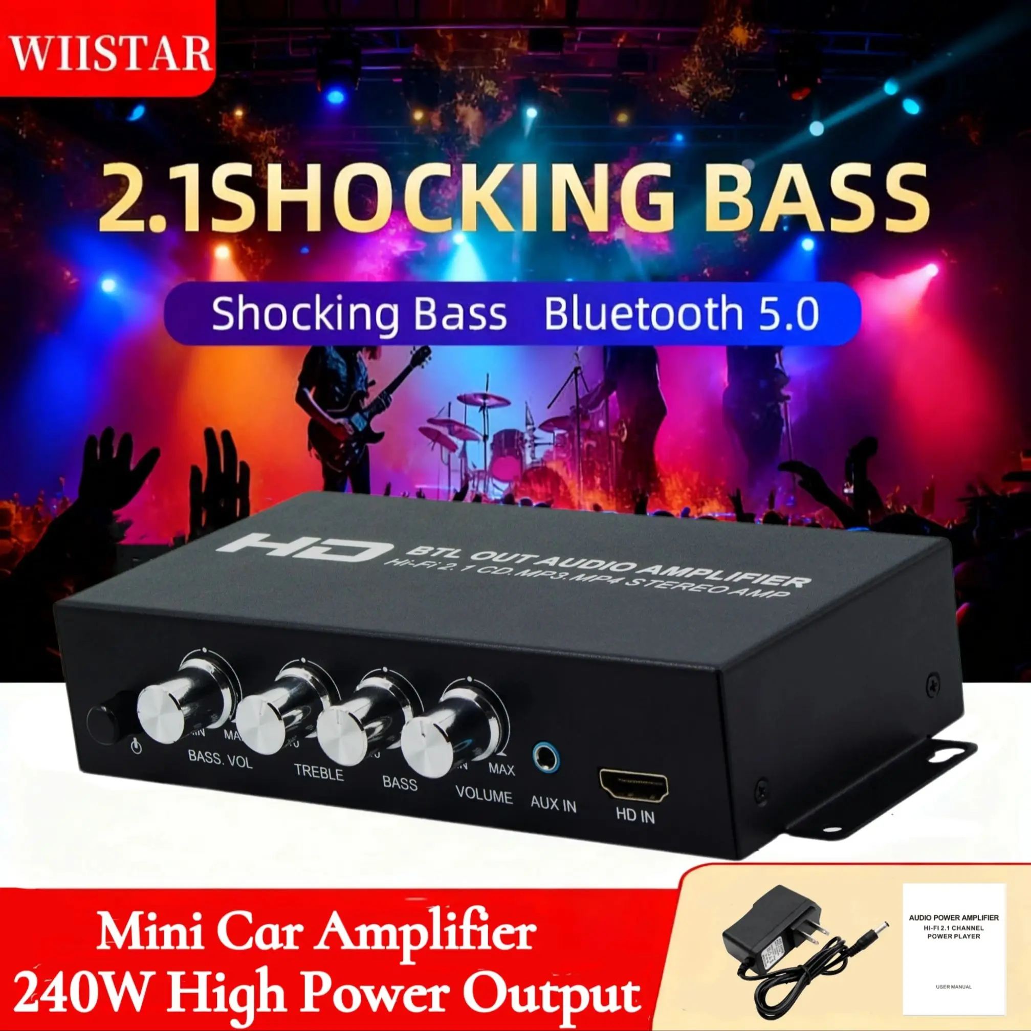 

HI-FI 2.1CH Bluetooth 5.0 Sound Amplifier,Digital Bass Amplifier for Home/Car/Meeting/Theater
