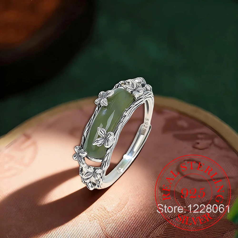 925 Sterling Silver Jewelry Natural Jade Vintage Butterfly Finger Rings for Women Wedding Party Jewelry For Girl Friend Gift