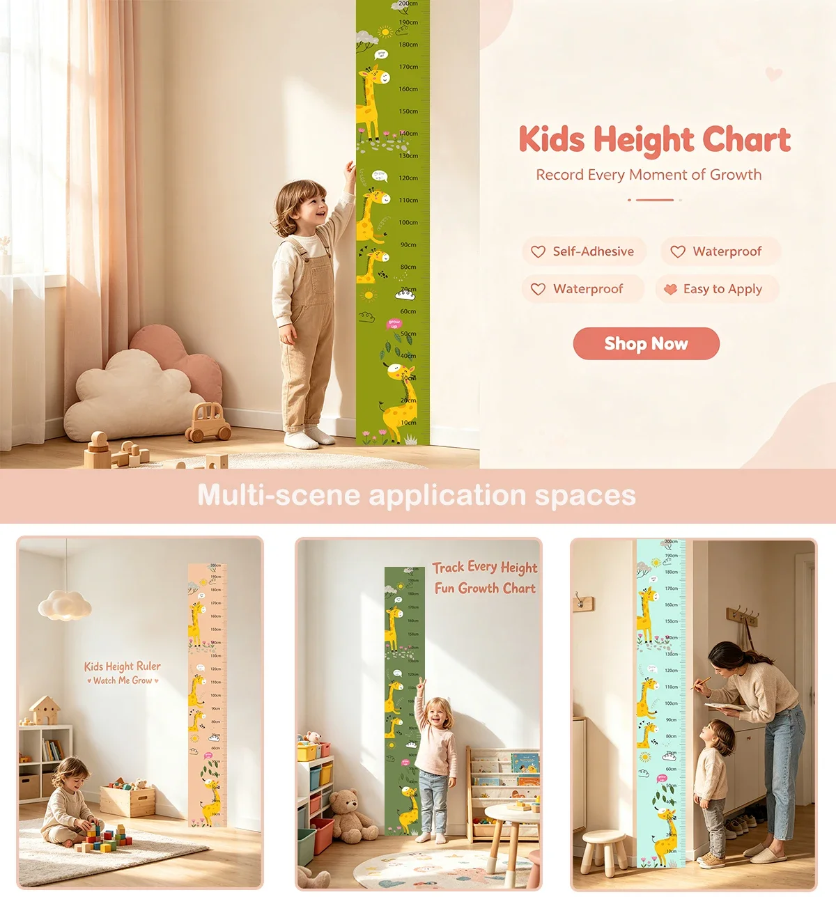 Height Chart for Kids Growth Ruler Wall Sticker Decal Giraffe Nursery Decor Self Adhesive Waterproof Measurement Chart Toddler
