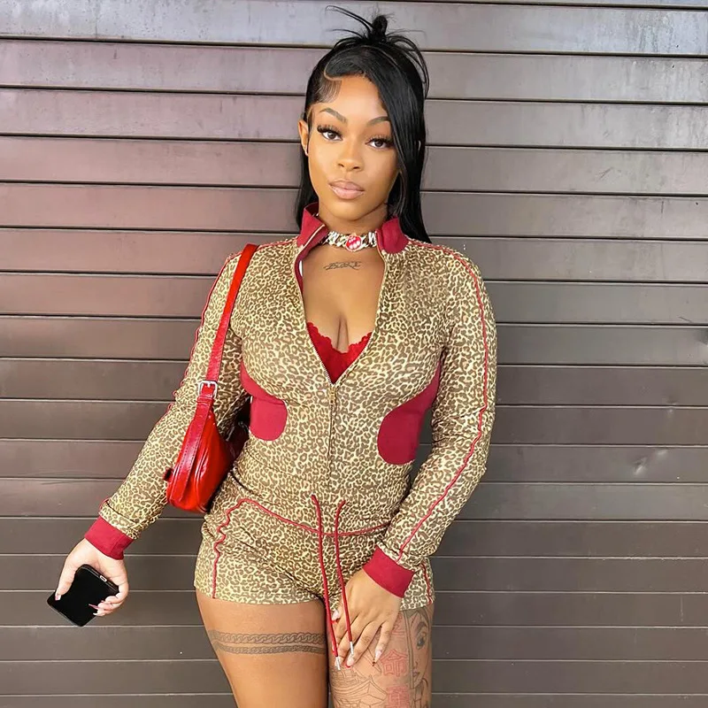 น้องสาว Star ชุดแฟชั่นสี Clash เสือดาวพิมพ์ซิปเสื้อสเวตเตอร์ถักแขนยาวสายรัดอารมณ์ Commuter ชุด 2 ชิ้น